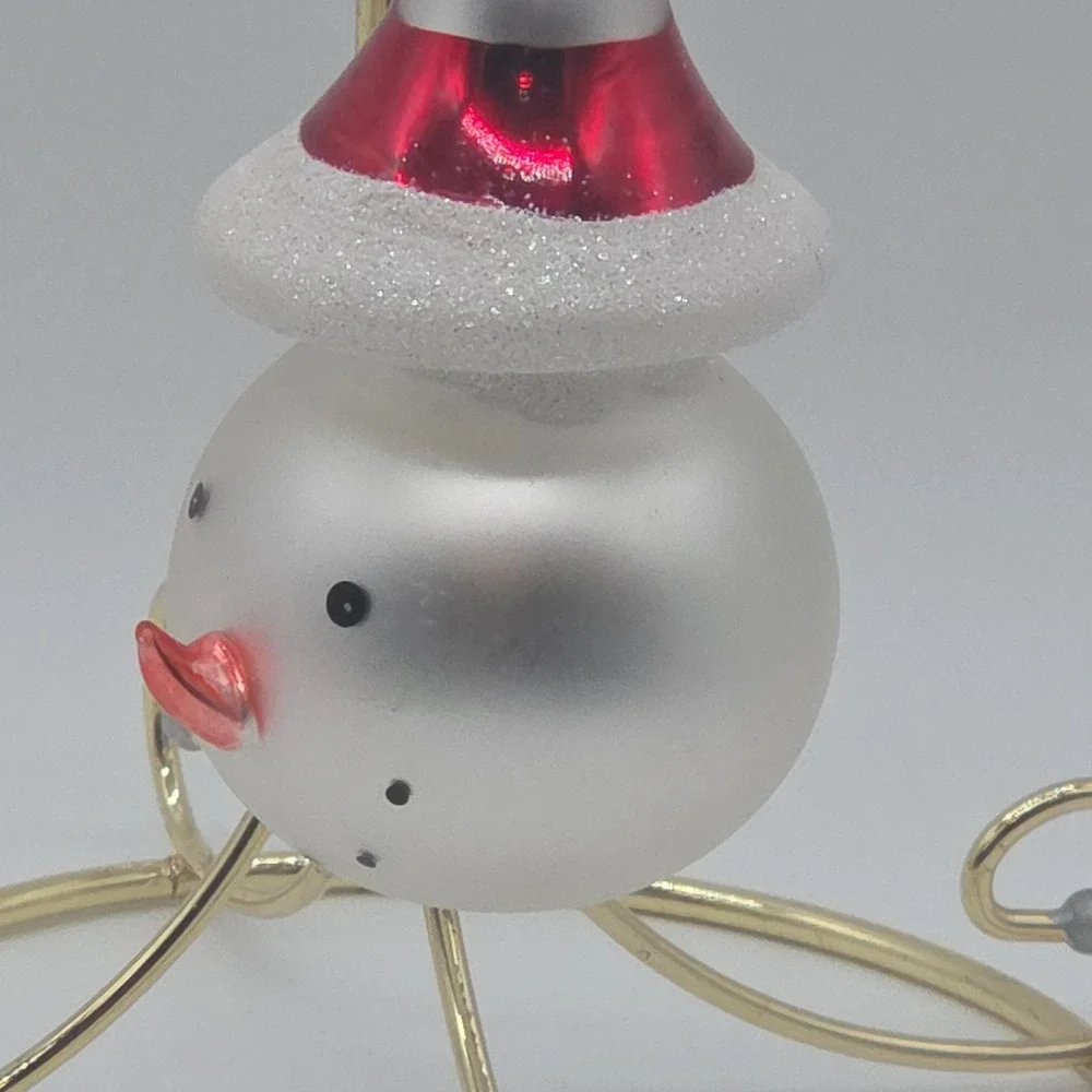Whimsical Spiral Candy Cane Hat Red Swirl Hook Snowman Glass Ornament 6